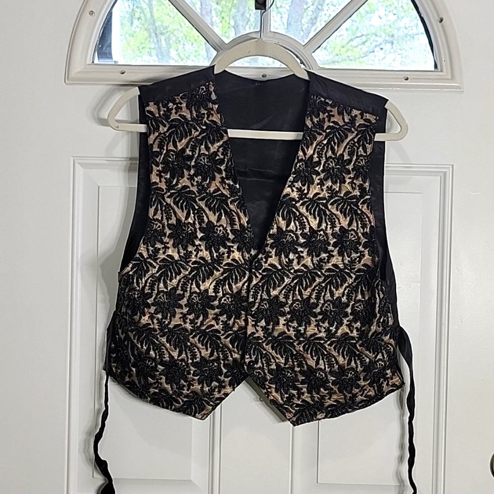 Vintage  Hand Beaded Black Floral Vest  on Gold Mesh Size M